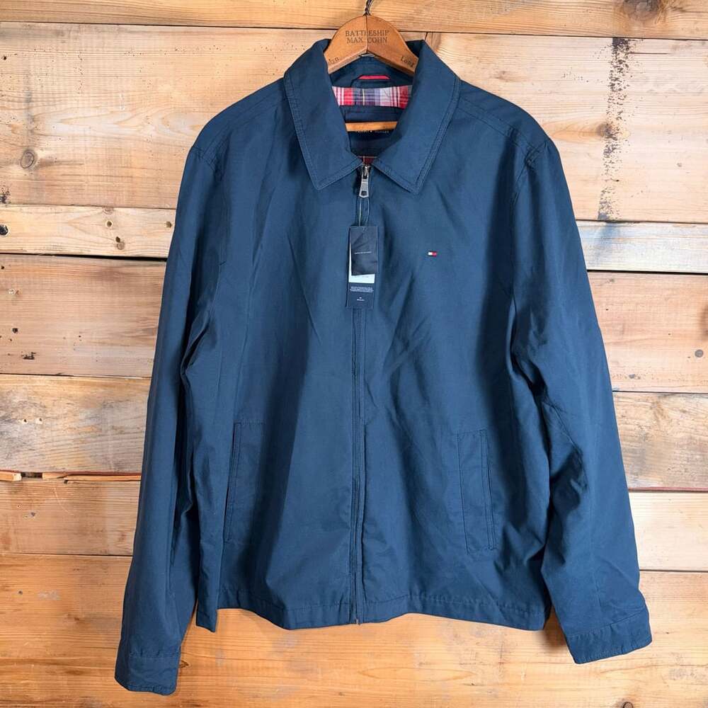 Tommy Hilfiger Microtwill Golf Jacket Size L Navy Blue Plaid Lined